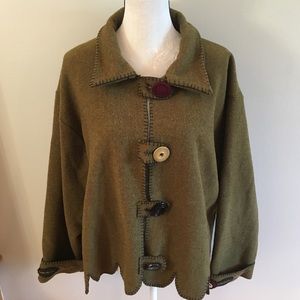 Olive green button up leaf details jacket size XL